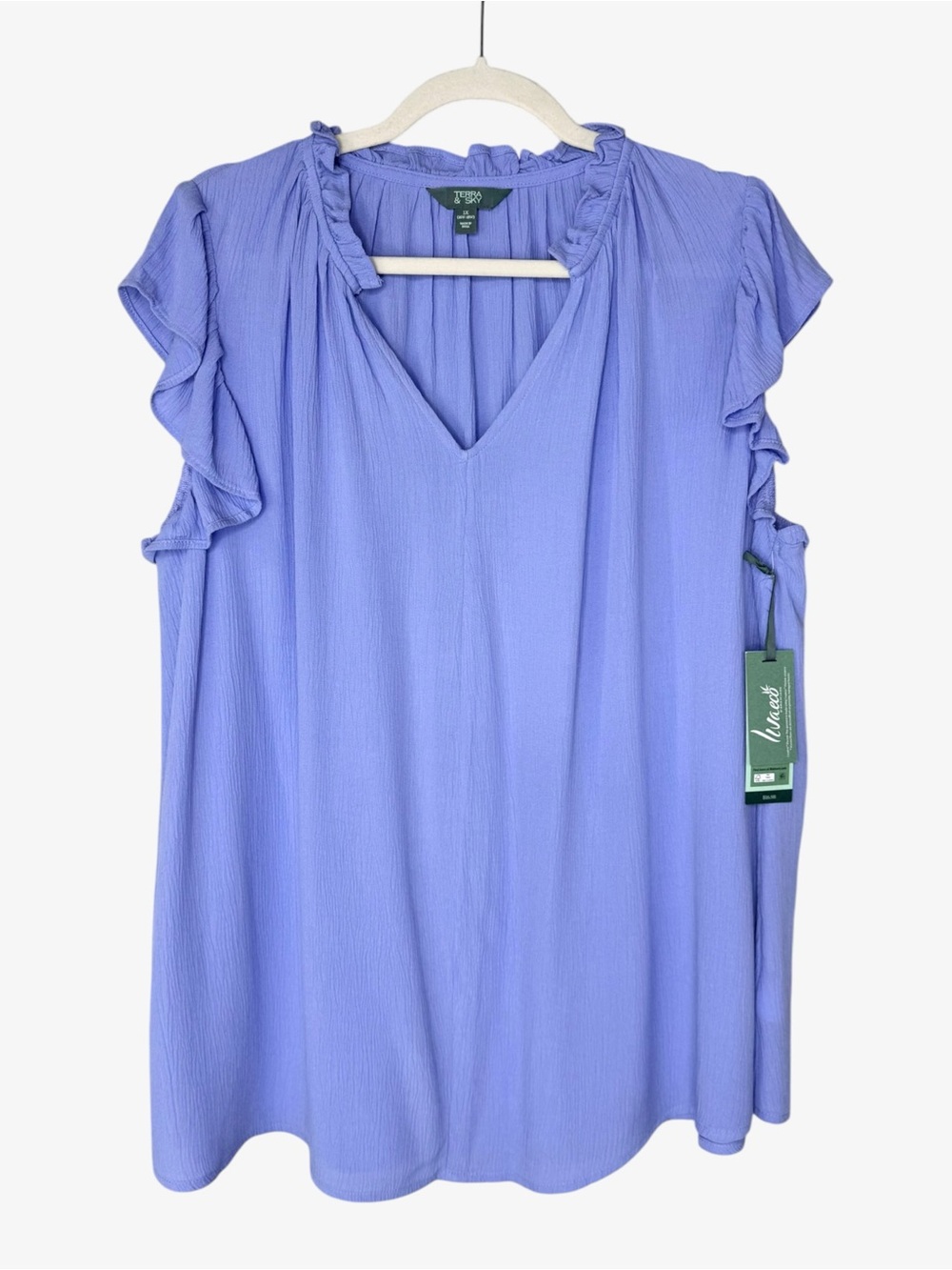Terra & Sky Periwinkle V-Neck Flutter Sleeve Blouse 1X Sleeveless Coquette NWT